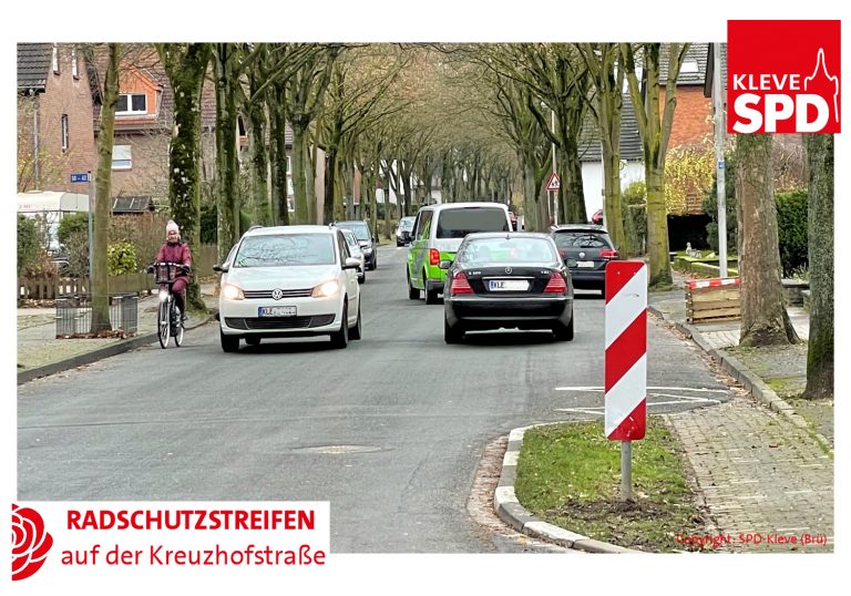 Radschutzstreifen auf der Kreuzhofstraße in Kleve-Kellen
